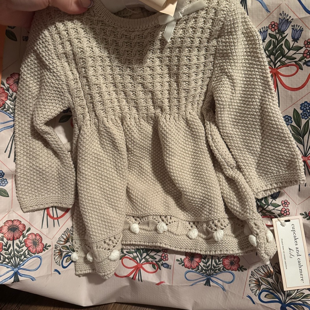 Beige Knit Baby Sweater Dress with Pom-Poms